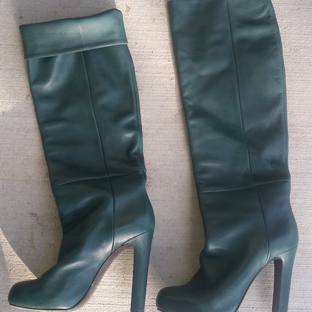 Gianmarco Lorenzi Vero Cuoio Petrol Green knee high leather boots
